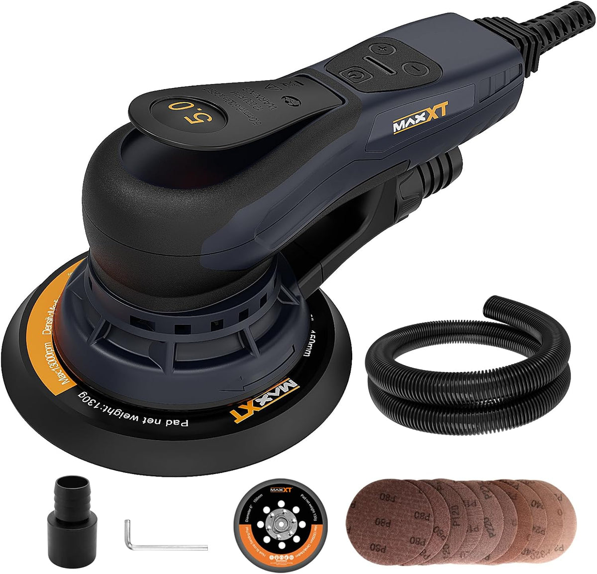 MAXXT Ponceuse excentrique 150 mm sans balais avec raccord tri-noyaux, course excentrique 5,0 mm, frein automatique (2 s), 6 vitesses réglables