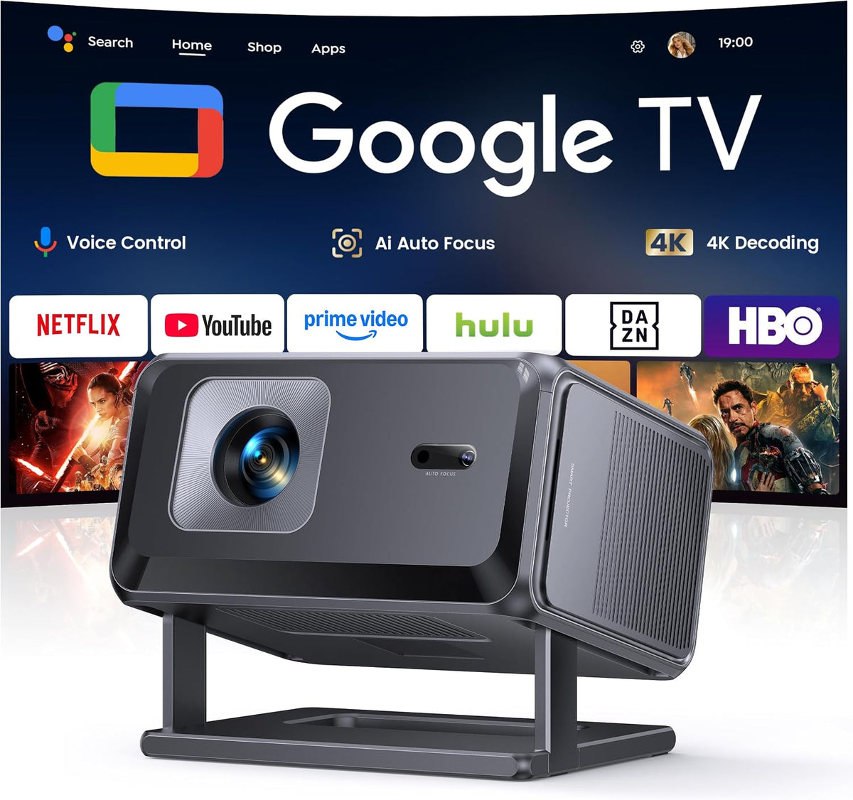 Vidéoprojecteur 4K Google TV/Auto Focus/Keystone Mini Projecteur Portable FHD 1080P Courte Focale, Contrôle Vocal