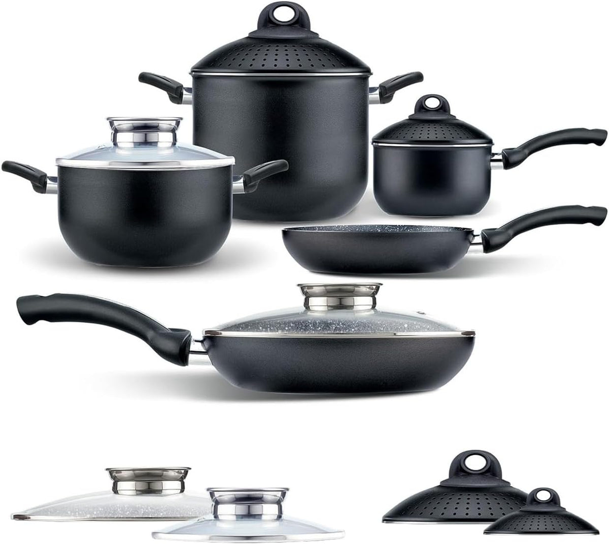 Wintem Batterie 5 casseroles et poêles en aluminium effet pierre noire - Antiadhésives et avec poignées ergonomiques