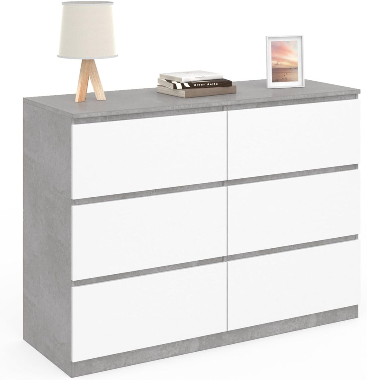 IDMarket - Commode 6 tiroirs TOMI 110 cm Blanc et Effet béton