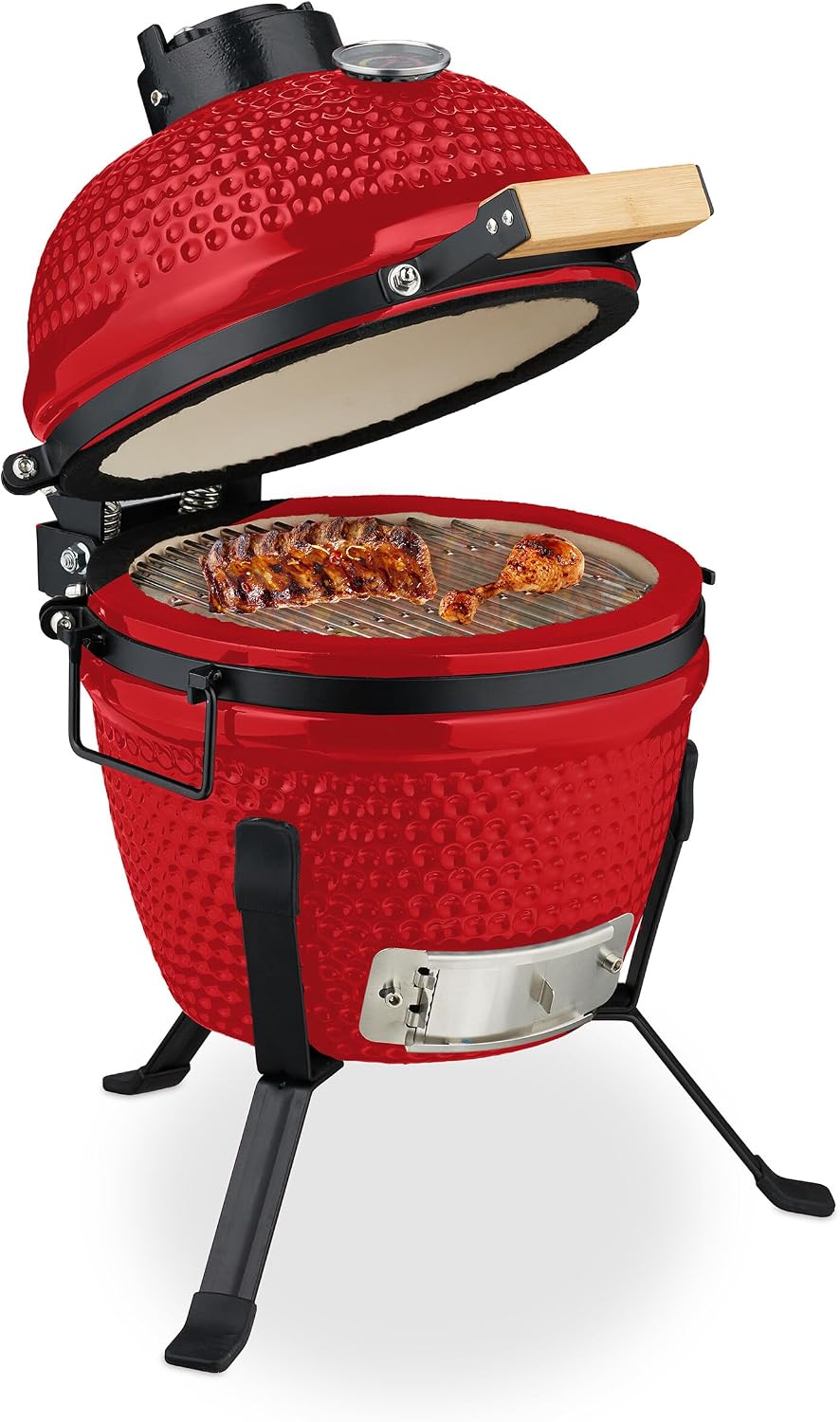 Relaxdays Barbecue Kamado, Ø 26 cm, Grill Japonais céramique avec thermomètre 450°C, grillade, fumoir, Couvercle, Rouge