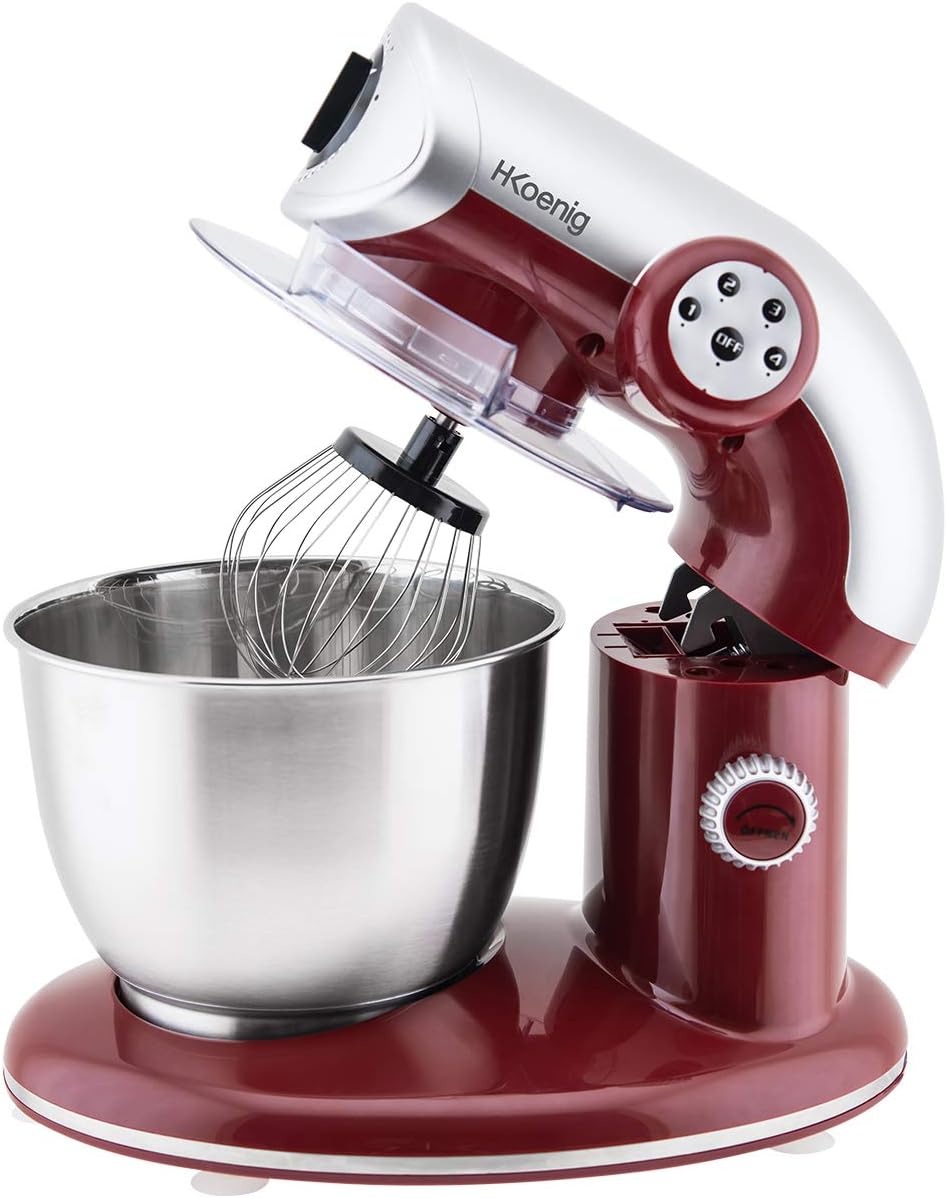 H.Koenig KM80 Robot Pétrin Vintage Professionnel Multifonctions 5.5L Rouge Puissant 1000W, Robot Cuisine Pâtissier Pétrin 4 vitesses, Fouet, Batteur