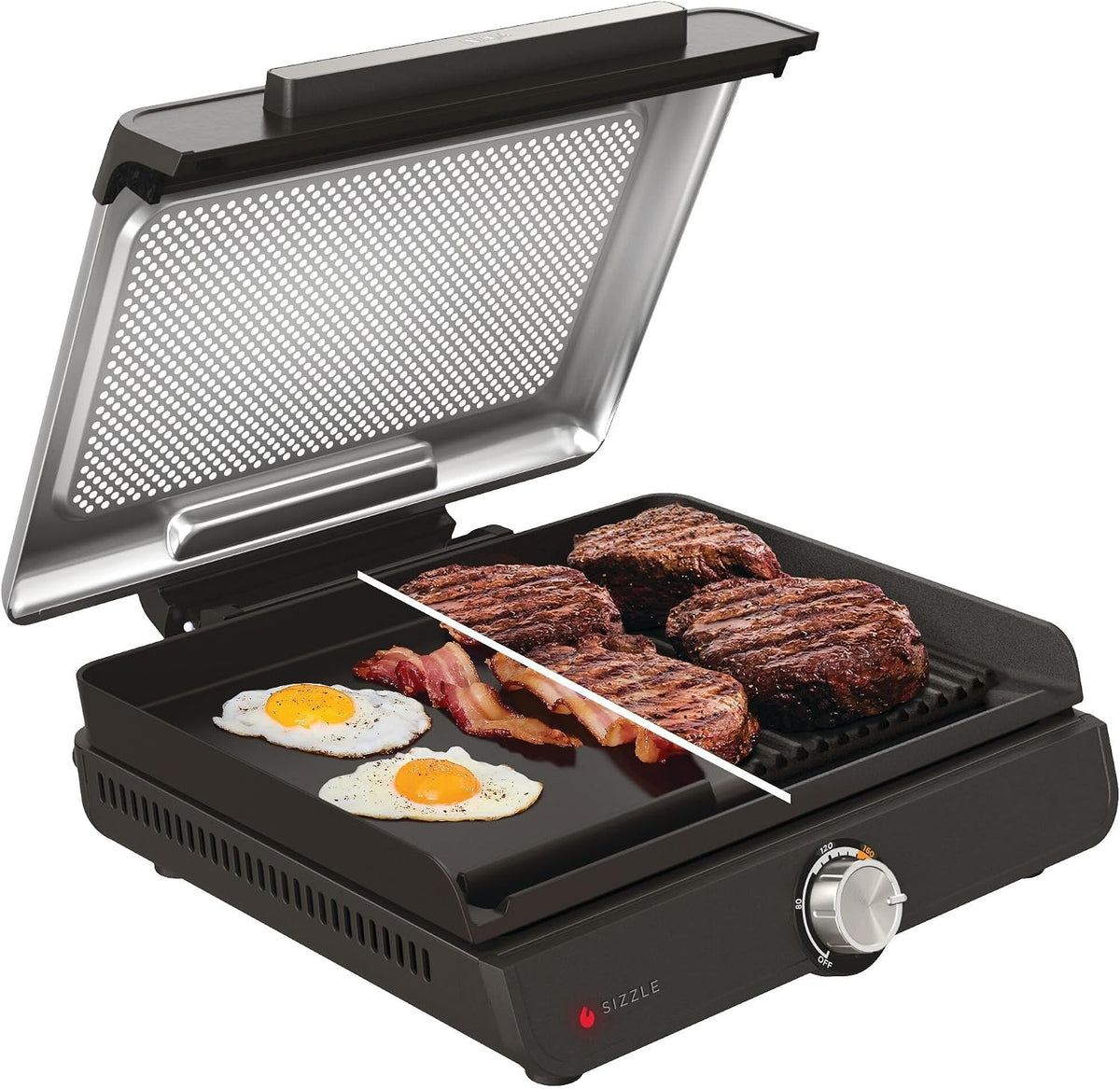 Ninja Sizzle Grill électrique d'intérieur, plancha avec plaque grill antiadhésive, couvercle compatible lave-vaisselle, collecteur de graisse