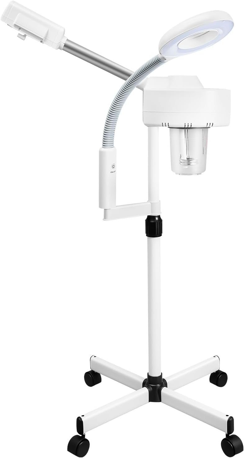Vapeur facial 2 en 1 - Sauna professionnel avec 5 lampes loupes et lumière LED - Hauteur réglable