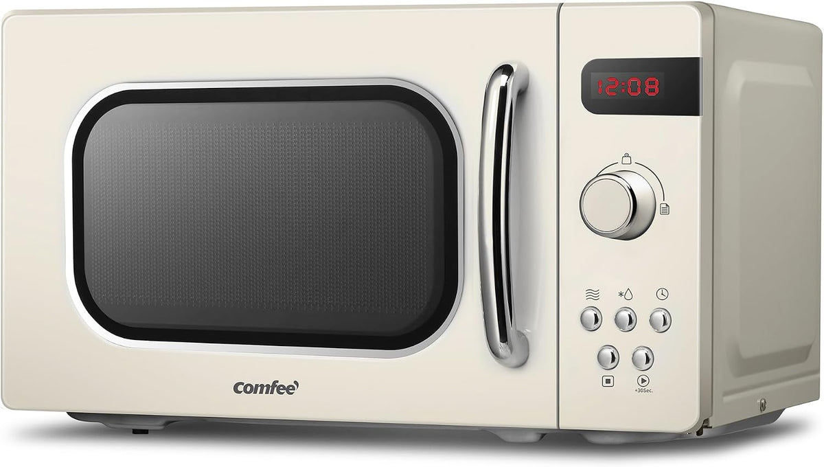 COMFEE' Micro-ondes Rétro avec 8 MENUS PRÉRÉGLÉS , 5 Niveaux de Puissance de Cuisson, 20 L, 800 W, Cuisson Express 30S, CMSRO 20di cr, Crème D'abricot