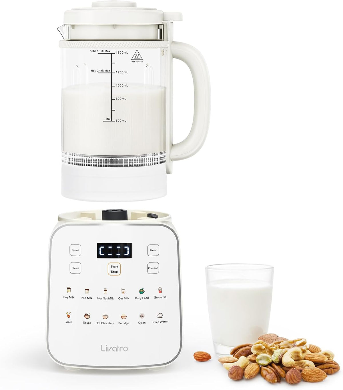 Machine à lait végétal 1,5 L 12‑en‑1,préparateur de lait de soja automatique, design détachable, lait d'amande/avoine & jus, départ différé 24 h