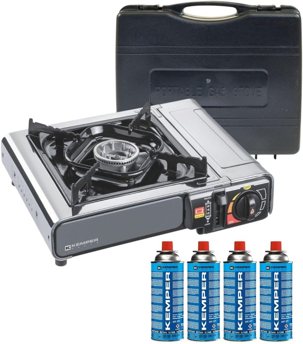 Kemper - Réchaud à gaz portable 2200W INOX + 4 cartouches de gaz + Malette de transport Cuisson Extérieure Camping Van Trek