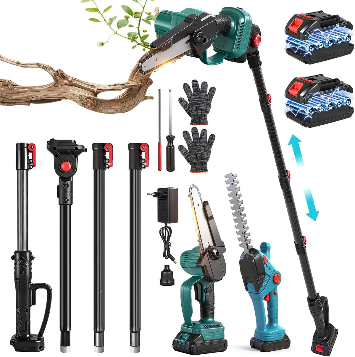 Kit taille-haie télescopique et sans fil 4 en 1 - Moteur en cuivre pur 21 V - Barre télescopique de 2 m - 2 batteries de 2,0 Ah