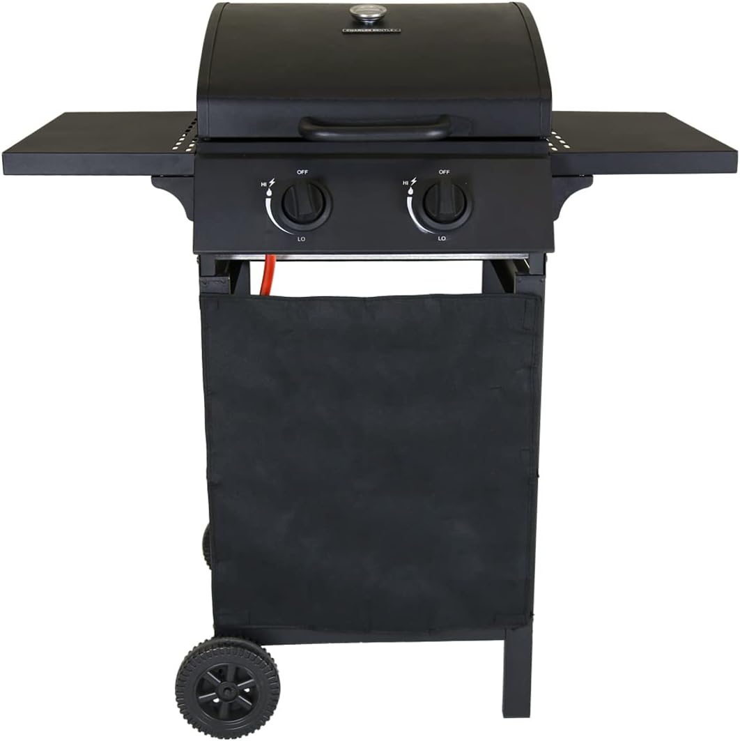 CHARLES BENTLEY Barbecue gaz 2 brûleurs avec allumage auto, thermomètre, plaque chauffante, étagères, grille en acier, noir