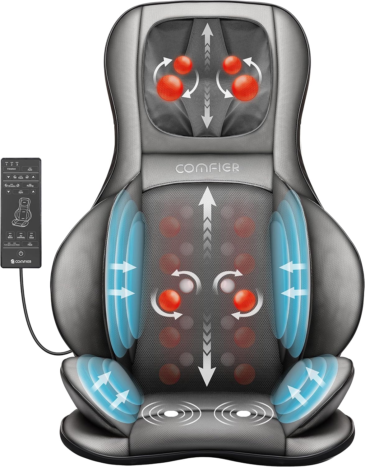 COMFIER Siège Massant Shiatsu avec Compression et Roulement - Masseur de Dos avec Chaleur, Chaise Massage de pétrissage pour Le Dos
