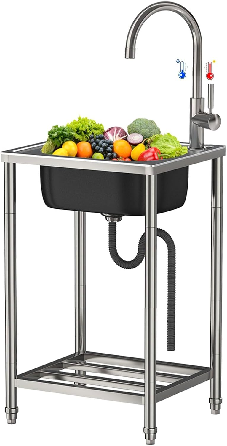 Évier de camping portable en acier inoxydable, Lavabo utilitaire d'extérieur avec bol unique pour jardin, buanderie, restaurant