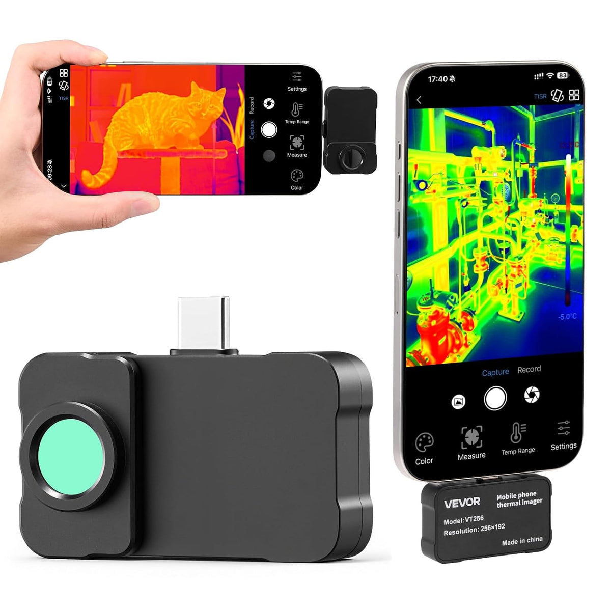VEVOR Caméra Thermique pour Android et iOS Super Résolution TISR 512x384 Imageur Thermique Infrarouge 256x192 pour Smartphone Tablette, 25 Hz