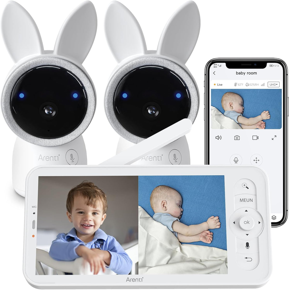 ARENTI Babyphone 2 Caméra 4MP, 5' Moniteur Vidéo pour Bébé PTZ 355°, Caméra Surveillance Bébé WiFi avec VOX, Audio Bidirectionnel, Vision Nocturne