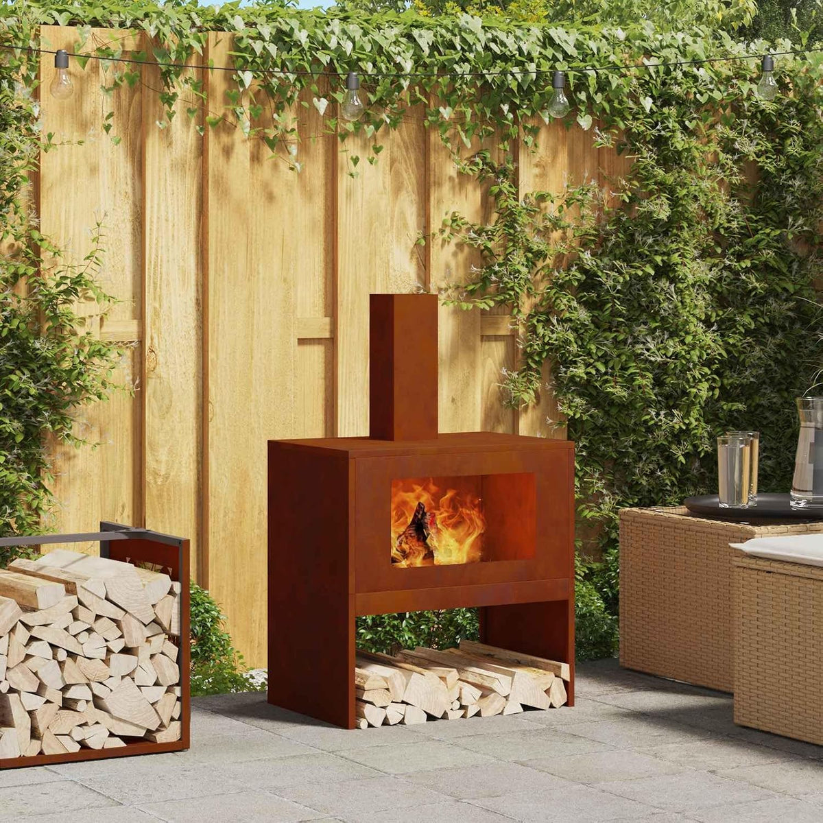 Braise Marron 60 x 40 x 96 cm Acier patiné Brasero, feu Multifonctionnel Foyer Extérieur pour Jardin, Chauffage, Terrasse, Camping