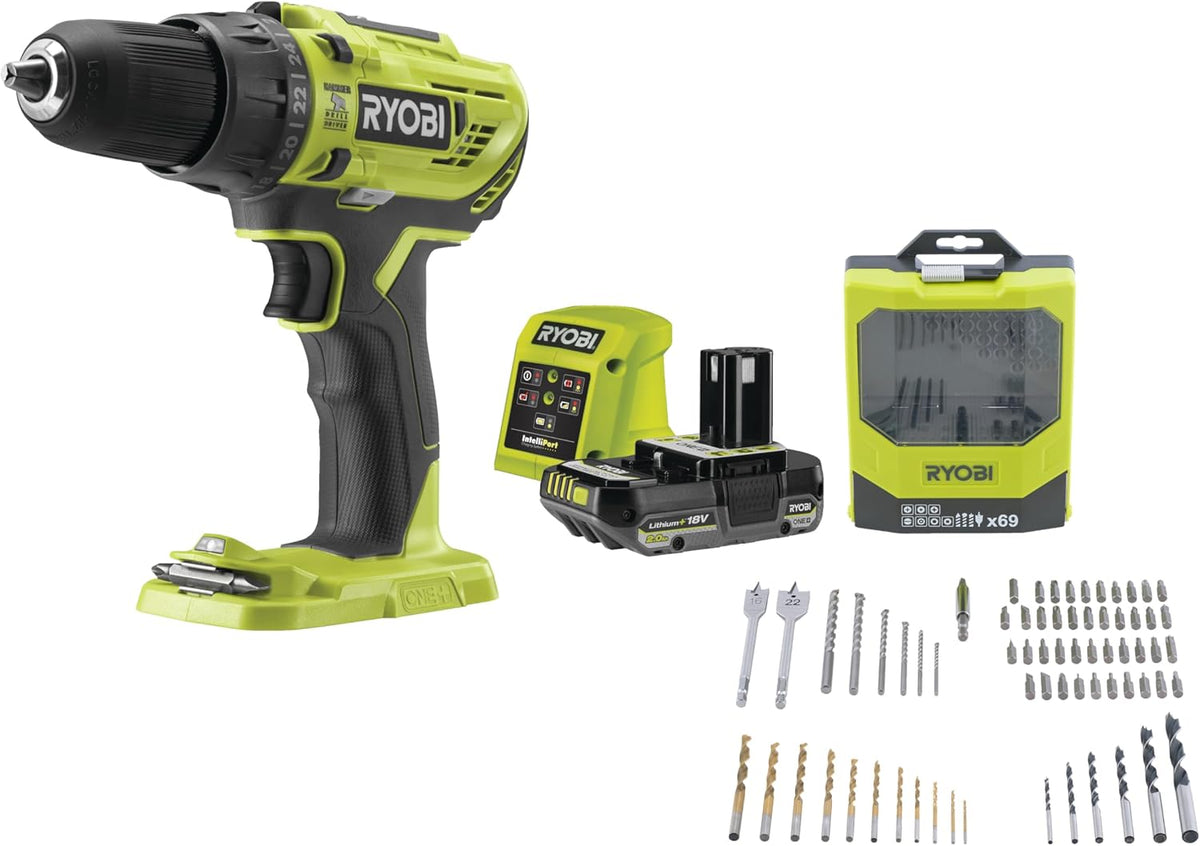 Ryobi - Perceuse-visseuse à percussion 18V - 2 vitesses - 50 Nm - mandrin 13 mm livrée avec 1 batterie 2Ah, chargeur