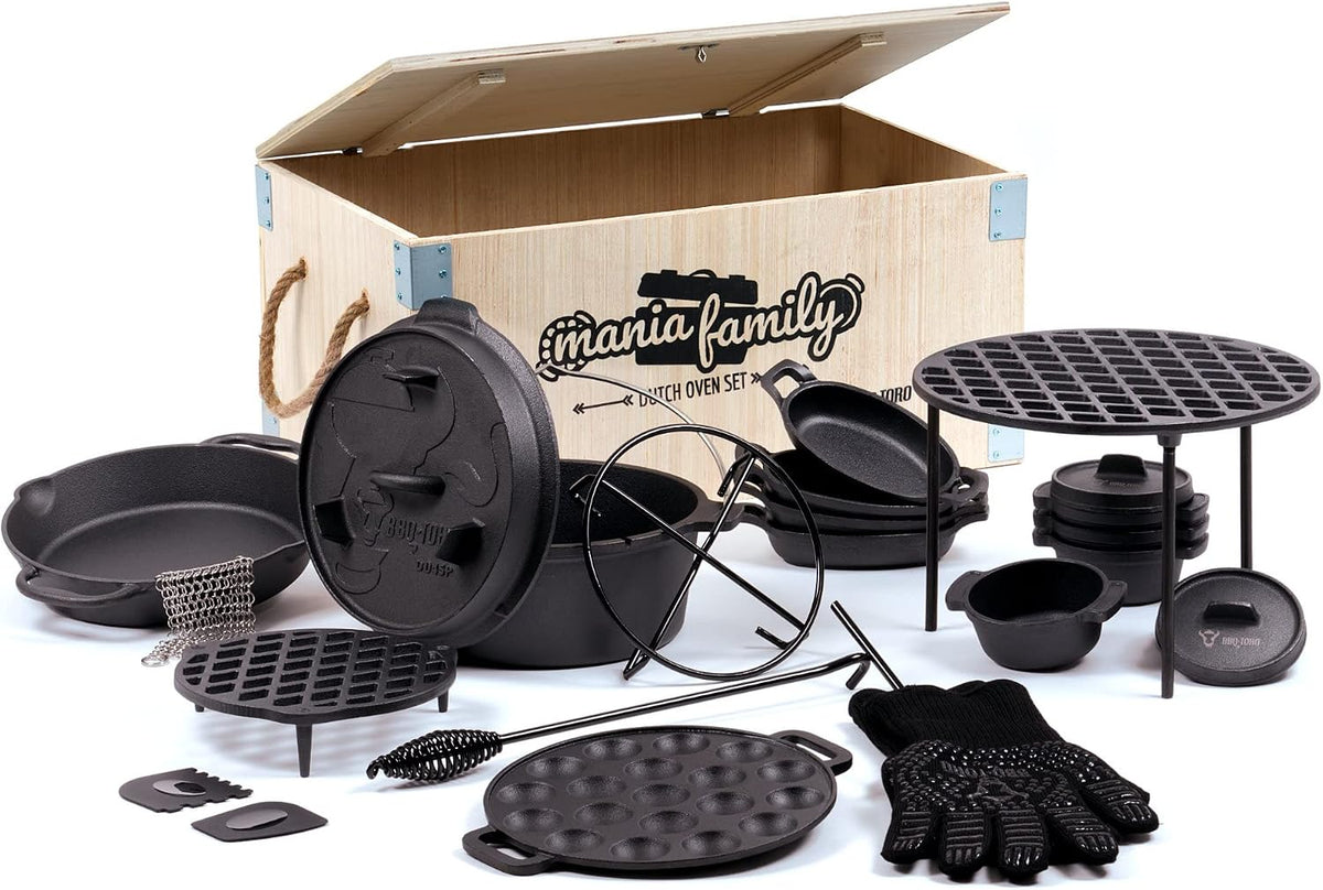 BBQ-Toro Mania Family Lot de 19 cocottes en fonte dans une boîte en bois, Avec marmite et plus, Fonte, Déjà cuite, Grill, Dutch Ovens