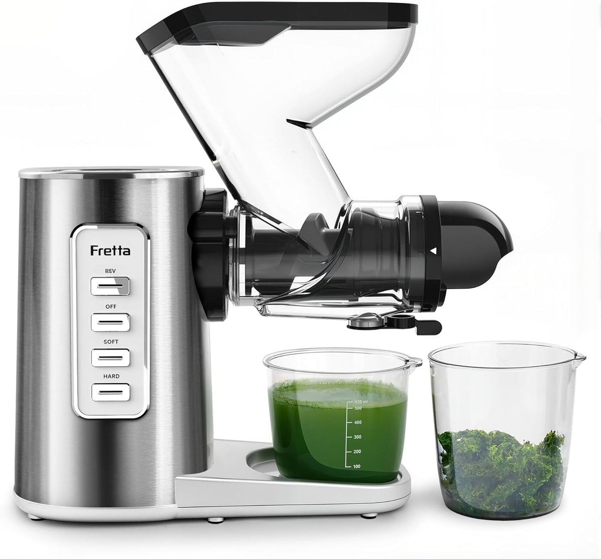 Fretta Extracteur Jus Pression à Froid 76 mm Goulotte (inox), Sans BPA, Moteur 200W, Silencieux (<75 dB), 2 Vitesses, Nettoyage facile, Garantie 2 ans
