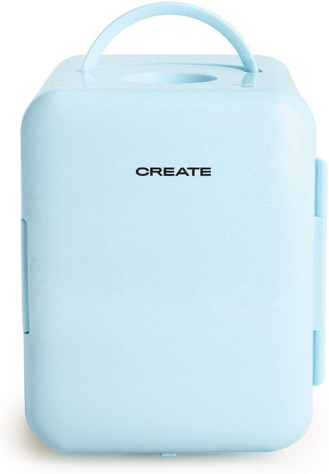 CREATE / FRIDGE MINI BOX/Mini réfrigérateur rétro cool et chaud Bleu Pastel/Fonction chaud/froid, design rétro, portable, ouverture 220º, 4L, 48W