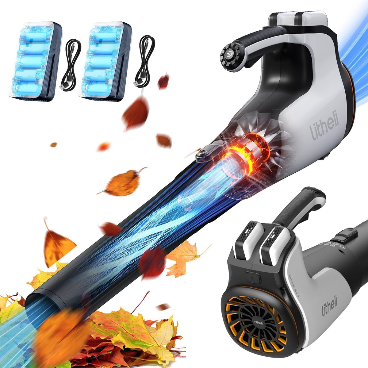 Litheli Souffleur de Feuilles sans Fil 2 x 20V, Souffleur Batterie avec 2 x 4,0 Ah Batterie, Vitesse de l'Air de 180 km/h, Débit d'air de 973 m³/h