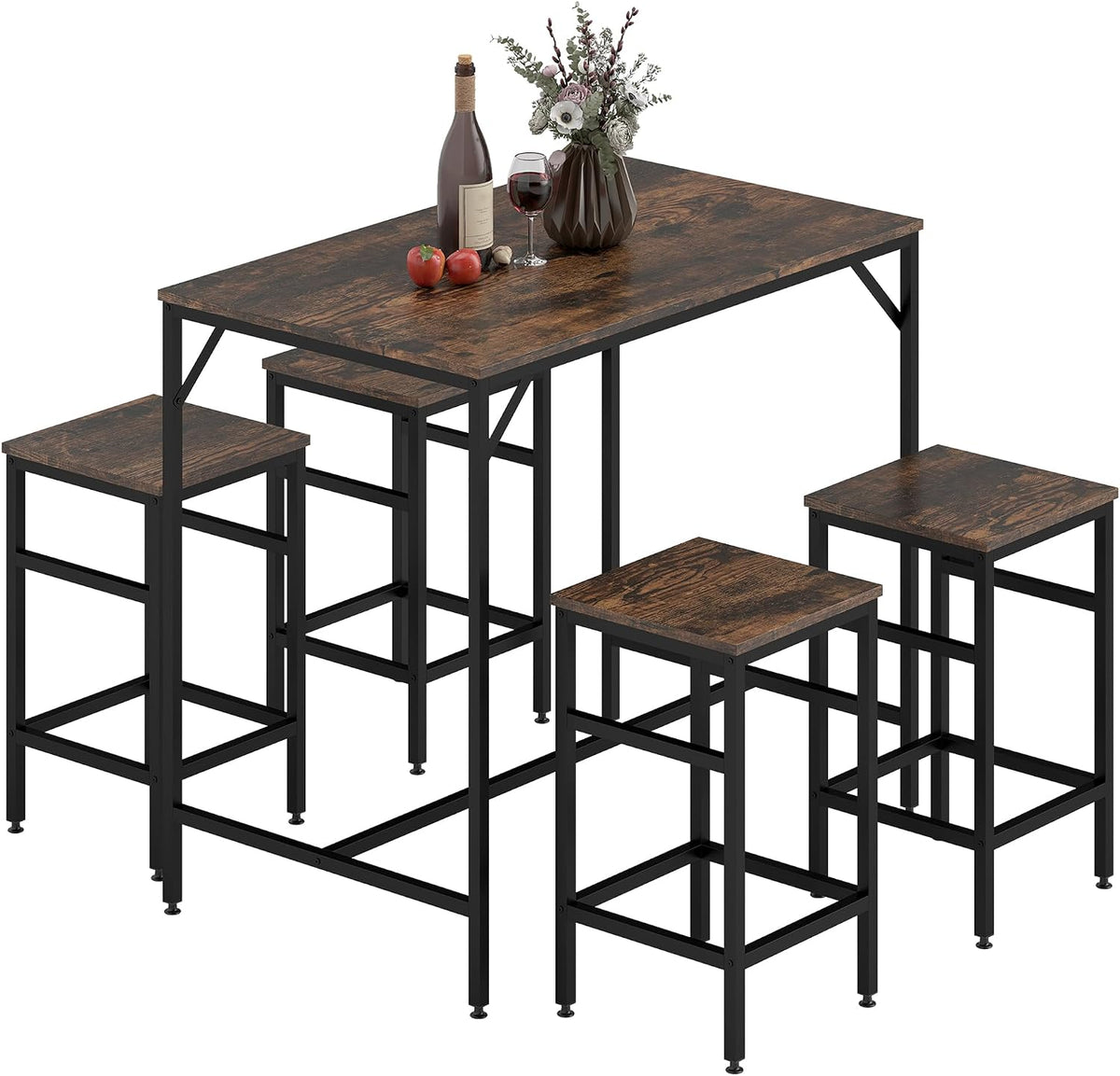 HOMCOM Ensemble Table de Bar Industriel + 4 tabourets Repose-Pieds en Bois Couleur Chêne Cadre en métal Noir
