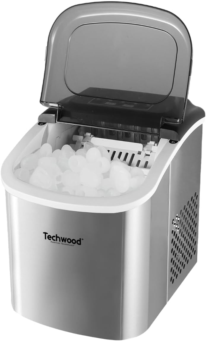 Techwood Machine à Glaçons Automatique, Production 12 kg/24h, Réservoir 1,3L, Bac 700g, Corps Inox