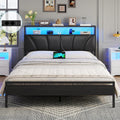 Cadre de lit 140x200 avec Sommier Métal Lit 2 Personnes avec Lumières LED et Multiprise (2 Prises AC, 2 Ports USB) lit Double en Métal avec Rangement