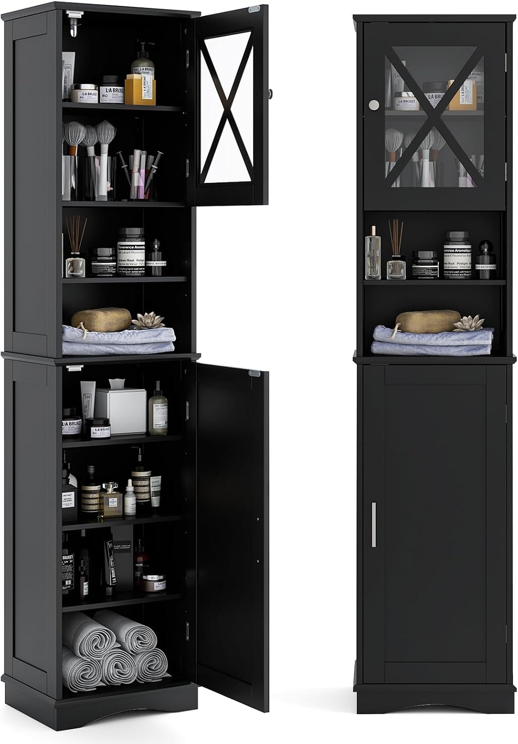 COSTWAY Armoire de Salle de Bain de 170 cm de Haute, Meuble de Rangement, Colonne, 5 Étagères Réglables, Placards à Porte, 2 Compartiments
