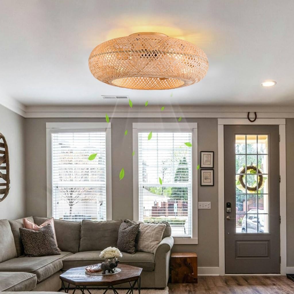 Ventilateur de plafond bohème avec éclairage E27 - Plafonnier en bambou et rotin - Avec ventilateur - Rétro - Lampe de chambre à coucher
