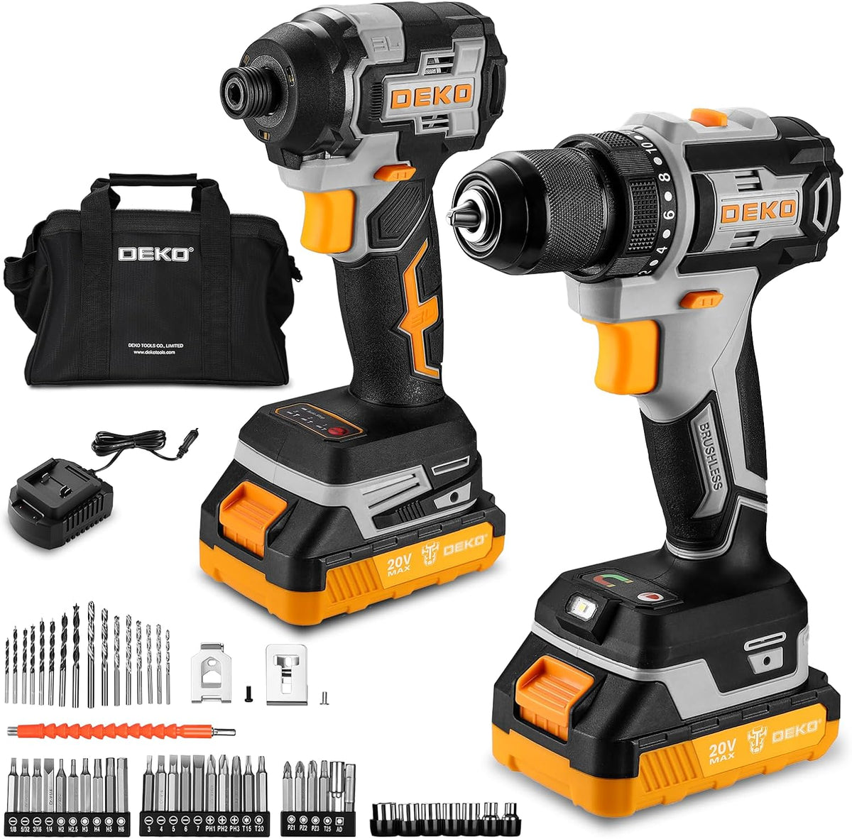 DEKOPRO Perceuse Visseuse 20V + Visseuse à Choc 200N.m, Kit 2-en-1 avec 2 Batteries 2.0Ah, Chargeur Rapide