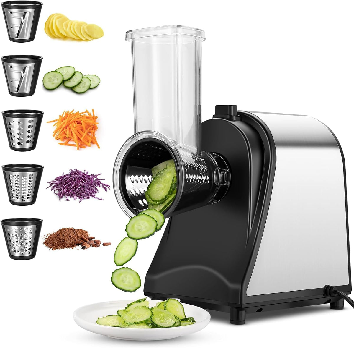 COOCHEER Râpe à Fromage Électrique 250W - Coupe-Légumes 5 en 1, Sans BPA pour légumes