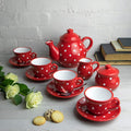 City to Cottage, Service à thé pour quatre, rouge à pois blancs en céramique fait et peint à la main, grande théière 1,7L 4-6 tasses, pot à lait