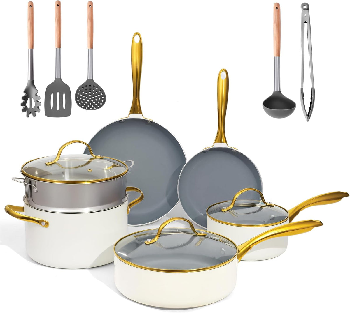 Set de cuisine en céramique saine, casseroles et poêles avec couvercles, antiadhésives (sans PFAS, PFOA), cuisine, induction, four, lave-vaisselle