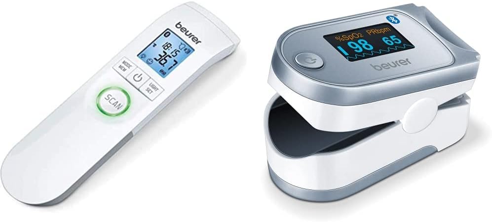 Beurer FT 95 Thermomètre médical infrarouge, sans contact, Bluetooth et application dédiée & PO 60 Oxymètre de pouls avec Bluetooth