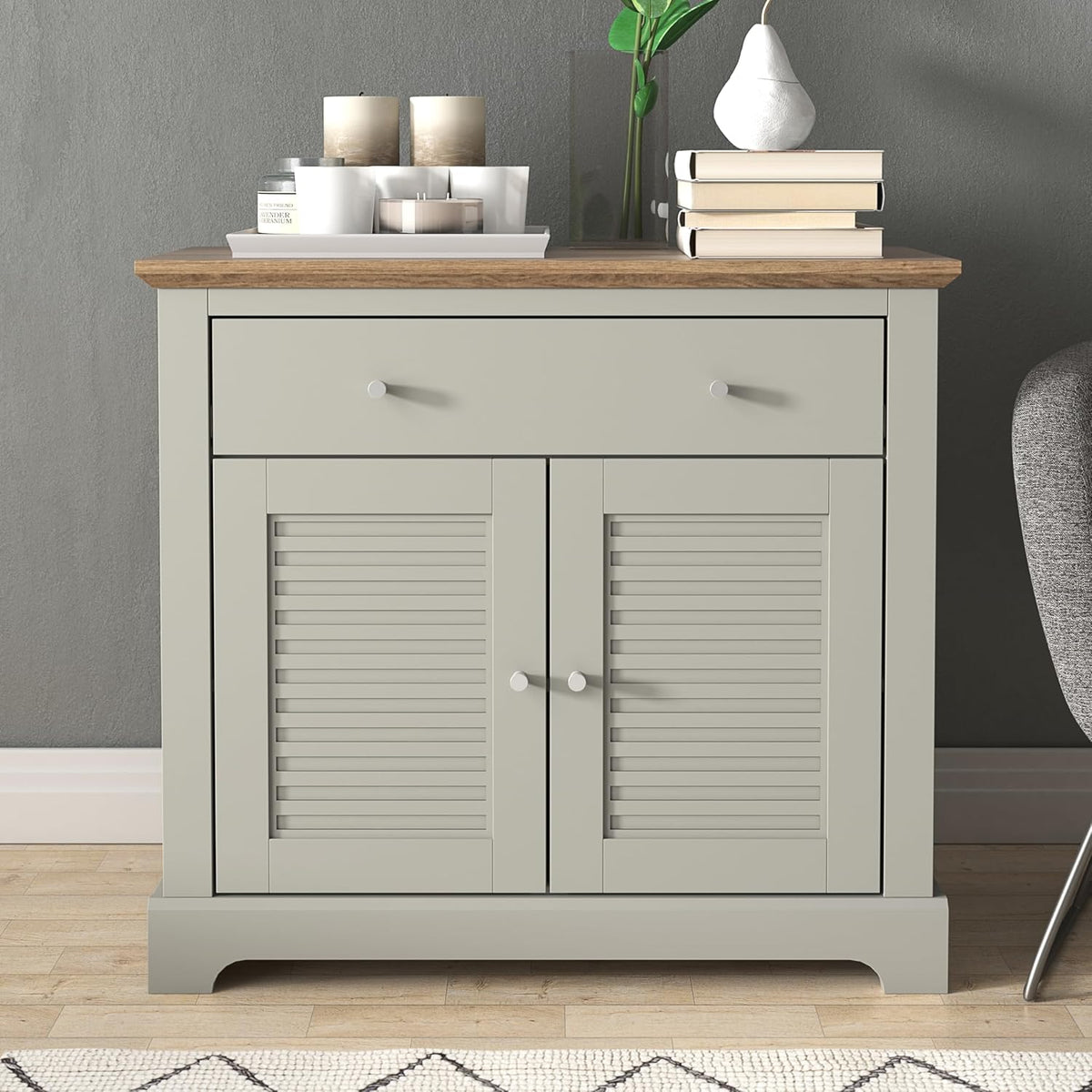 Galano Milan Buffet 2 Portes 1 tiroir, Organisateur de Rangement pour Votre Maison, Buffet de Rangement, Étagères réglables, Gris Clair/chêne