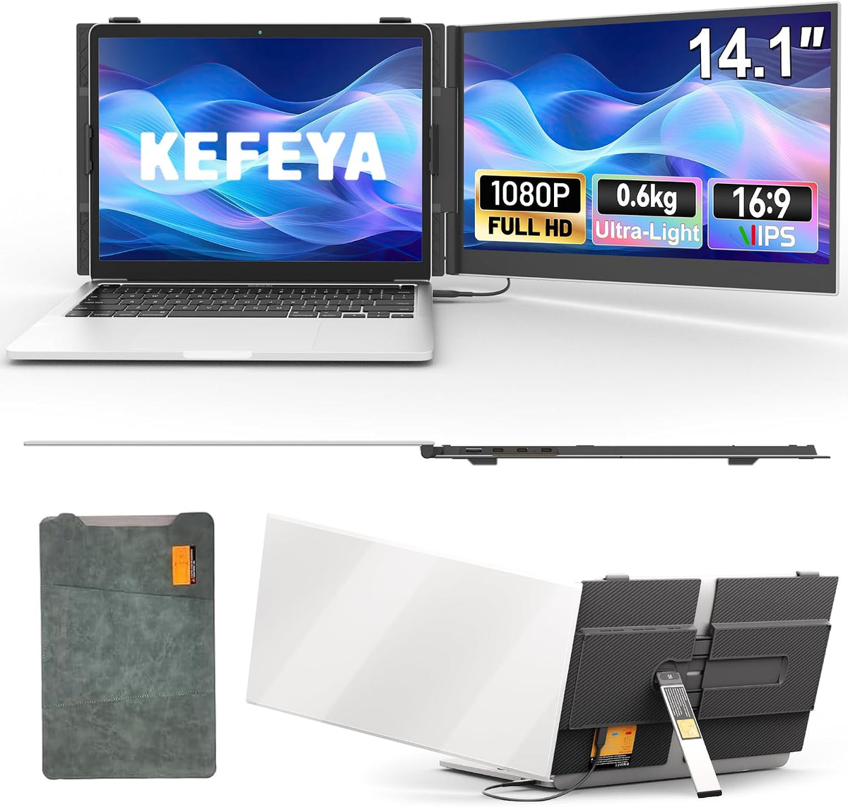 KEFEYA Extension d'Écran PC Portable 14,1' FHD 1080P Moniteur Portable, Design ultra-léger avec support pivot amélioré
