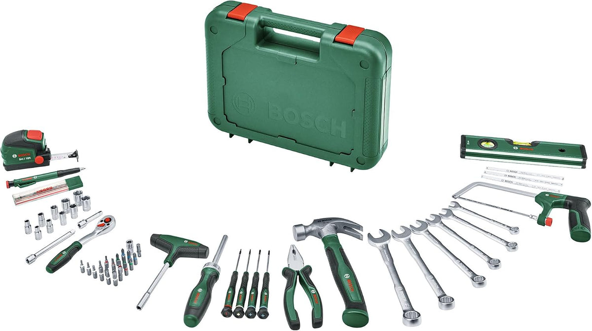 Bosch Set de 64 outils à main Advanced (kit bricolage polyvalent, haute qualité, outils ergo, pinces, clés, tournevis, cliquets, outils de mesure