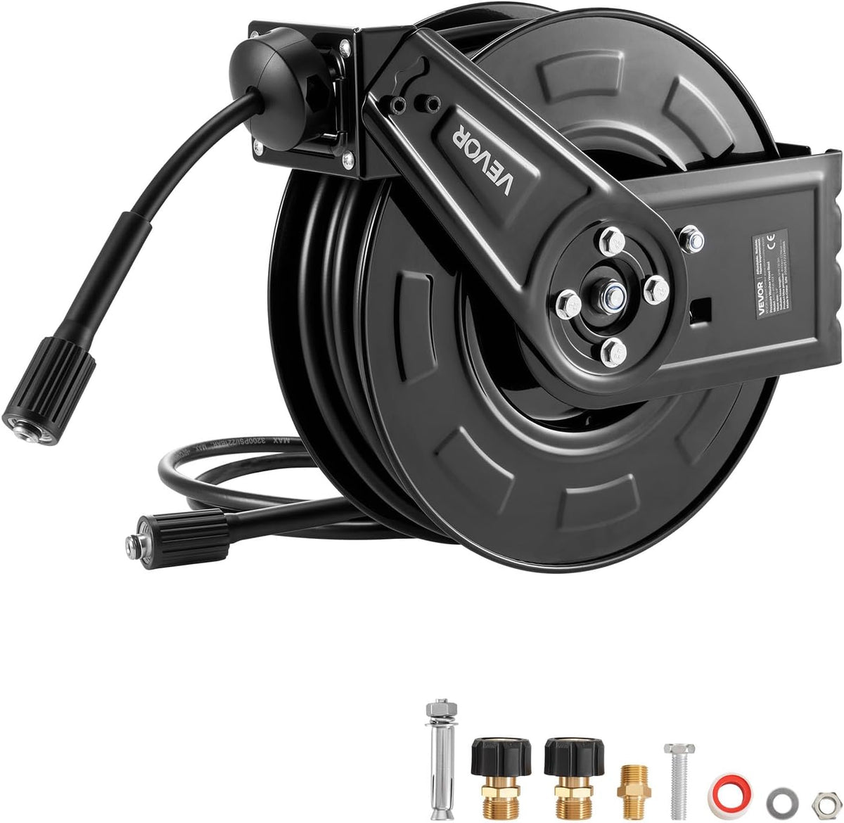 VEVOR Enrouleur de Tuyau pour Nettoyeur Haute Pression 18,3 m x 6,4 mm, Dévidoir Rétractable Acier, Montage sur Mur, Sol, Pression 275,8 bar