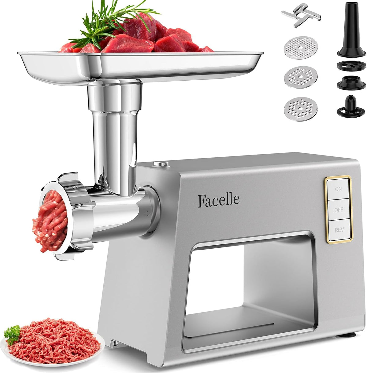 Hachoir a Viande, 2000W Hachoir Electrique avec 3 grilles en acier inox, Moteur puissant, 2,3 kg/min, un fonctionnement silencieux