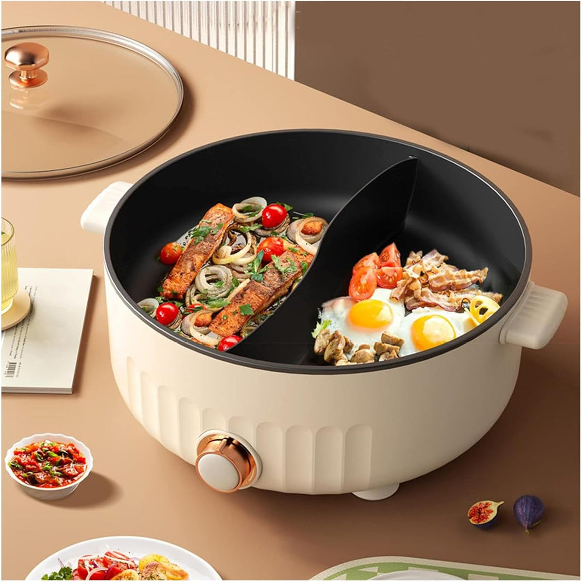 ARTSIM Faitout 2 Compartiment, 1350 Watts Fondue Chinoise Electrique IdéAl pour Les RéUnions De Famille (avec 2 Filets Non éTanches), White